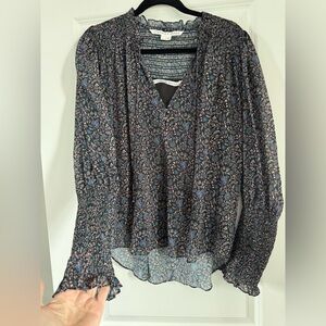 Veronica Beard Black Floral V-Neck Blouse with Blue Accents